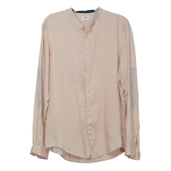 Celio Linen Pastel Pink Shirt Casual Button Up No Collar Preppy Lightweight Airy - Picture 1 of 9
